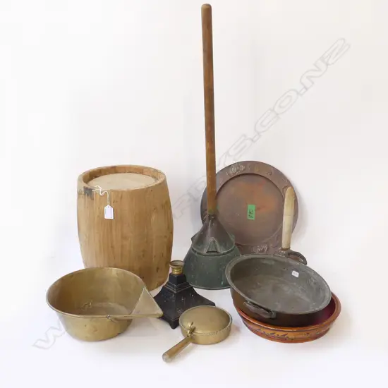 ASST. VINTAGE COPPER / BRASS PCES; WASHING DOLLY STICK + WOODEN BARREL H.315mm