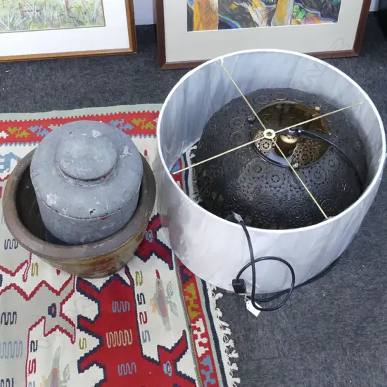 4 PCES; LG LAMP SHADE 480mm dia, METAL LIGHT 400mm dia, GALVANISED CONTAINER H.360mm, DRAGON POT