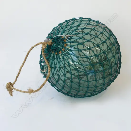 OLD GLASS FISHING FLOAT WITH NETTING hand blown APPROX. Dia.300mm