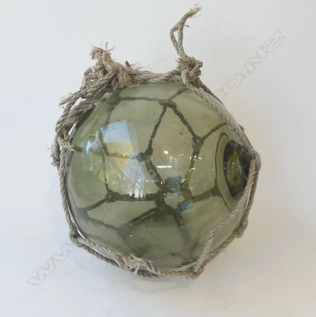 OLD GLASS FISHING FLOAT WITH  BROKEN NETTING hand blown APPROX. Dia.300mm Image 1++