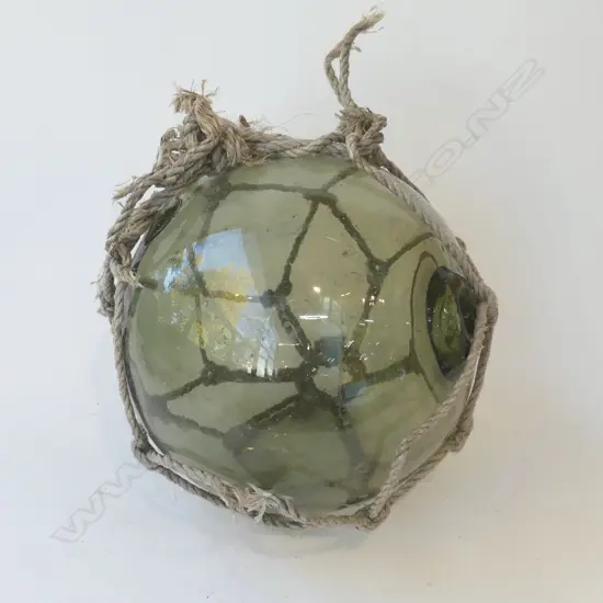 OLD GLASS FISHING FLOAT WITH  BROKEN NETTING hand blown APPROX. Dia.300mm