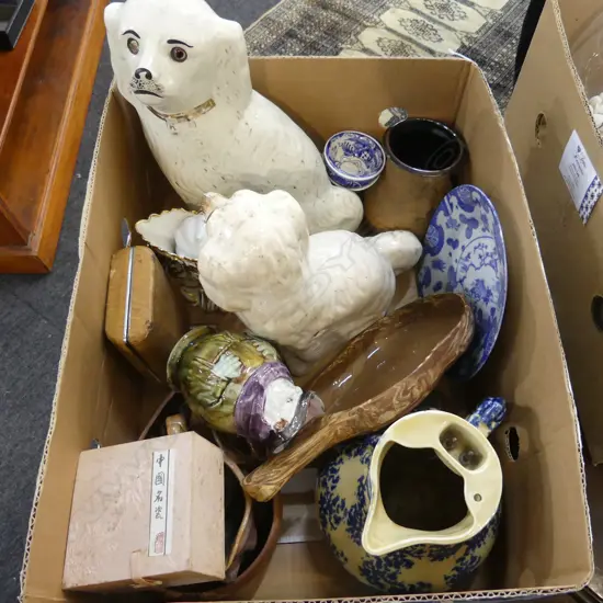 ASST. POTTERY INCL. 2 STAFFORDSHIRE DOGS (FAULTED) ETC