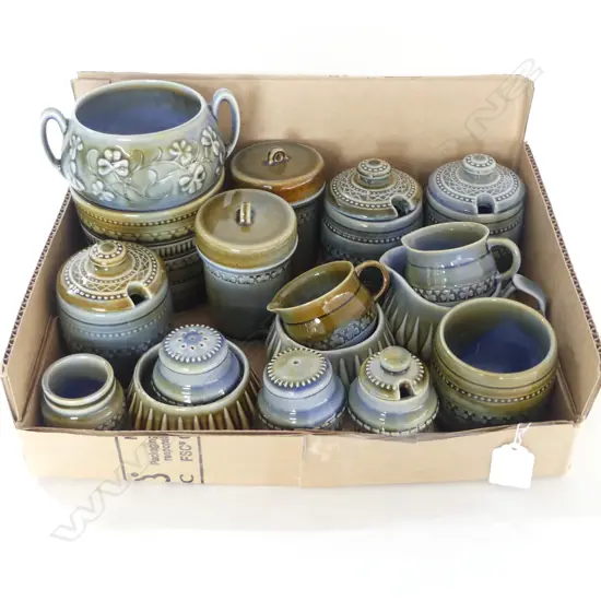 COLLECTION IRISH WADE PORCELIAN, INCL HERB POT, HONEY POTS, SUGAR, MILK, CREAM & PEPPER/SALT