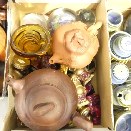 ASST. ART GLASS, RESIN CHINESE FIGURES, 2 YIXING TEAPOTS