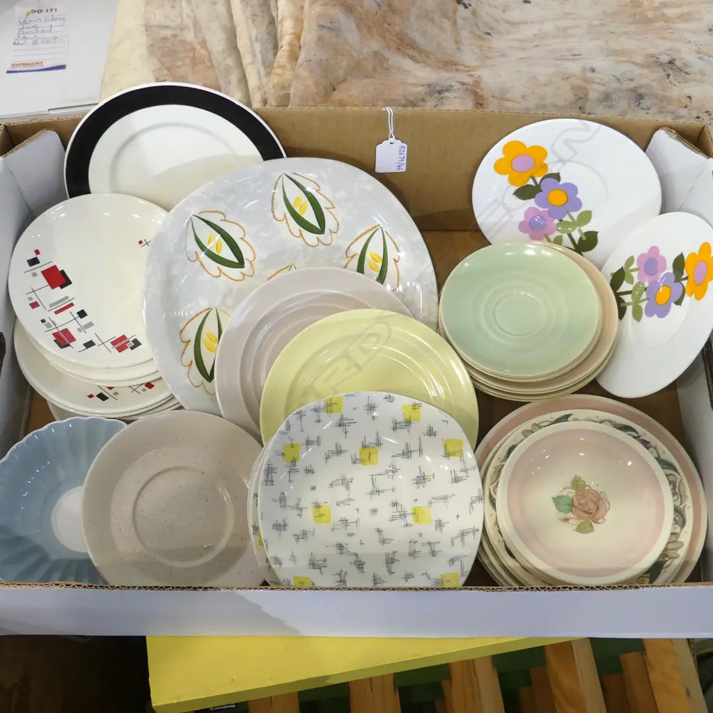 BOX – APPROX. 40 VINTAGE PLATES & SAUCERS - SUSIE COPPER, BRANKSOME, MIDWINTER ETC Image 1++