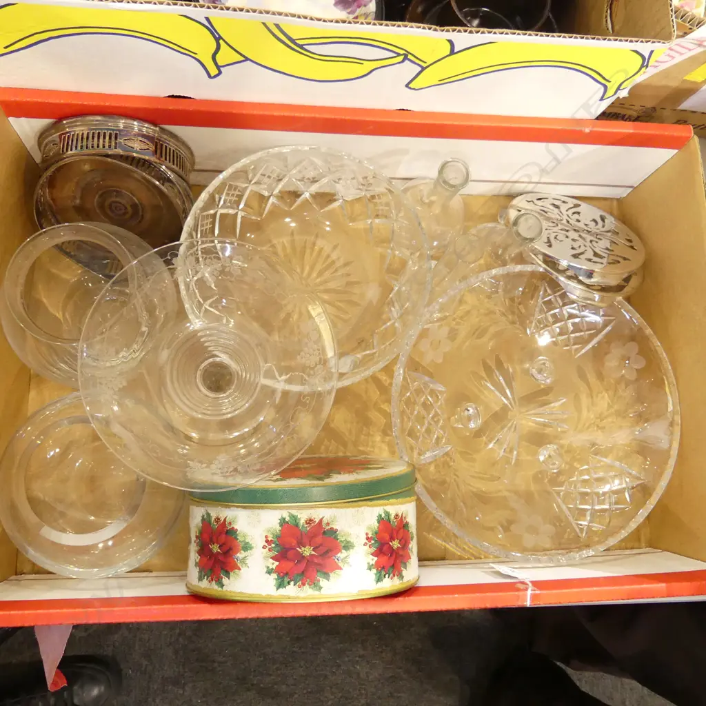 BOX – CRYSTAL BOWLS, GLASS VASES, SILVER PLATED TRIVETS & BOTTLE COASTERS ETC Image 1++