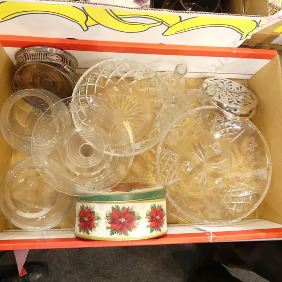 BOX – CRYSTAL BOWLS, GLASS VASES, SILVER PLATED TRIVETS & BOTTLE COASTERS ETC