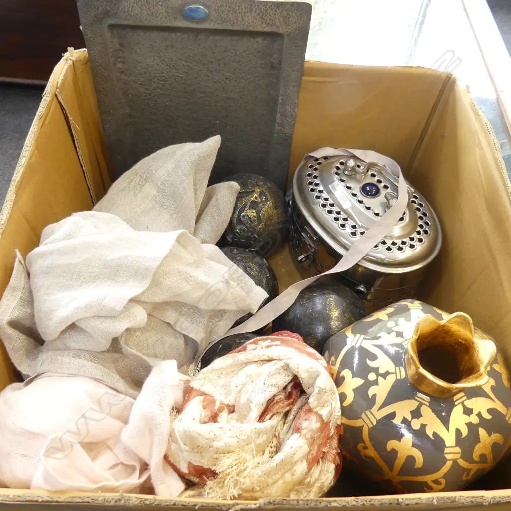 ASST. LINENS, DECORATIVE BALLS, PEWTER TRAY ETC Image 1++