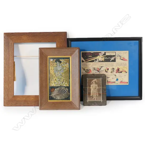(4) 2 VINT. OAK FRAMES, SM VICTORIAN PHOTO IN FRAME + CALVIN & HOBBS FRAMED COMIC STRIP (360 x 420mm INC. FRAME)