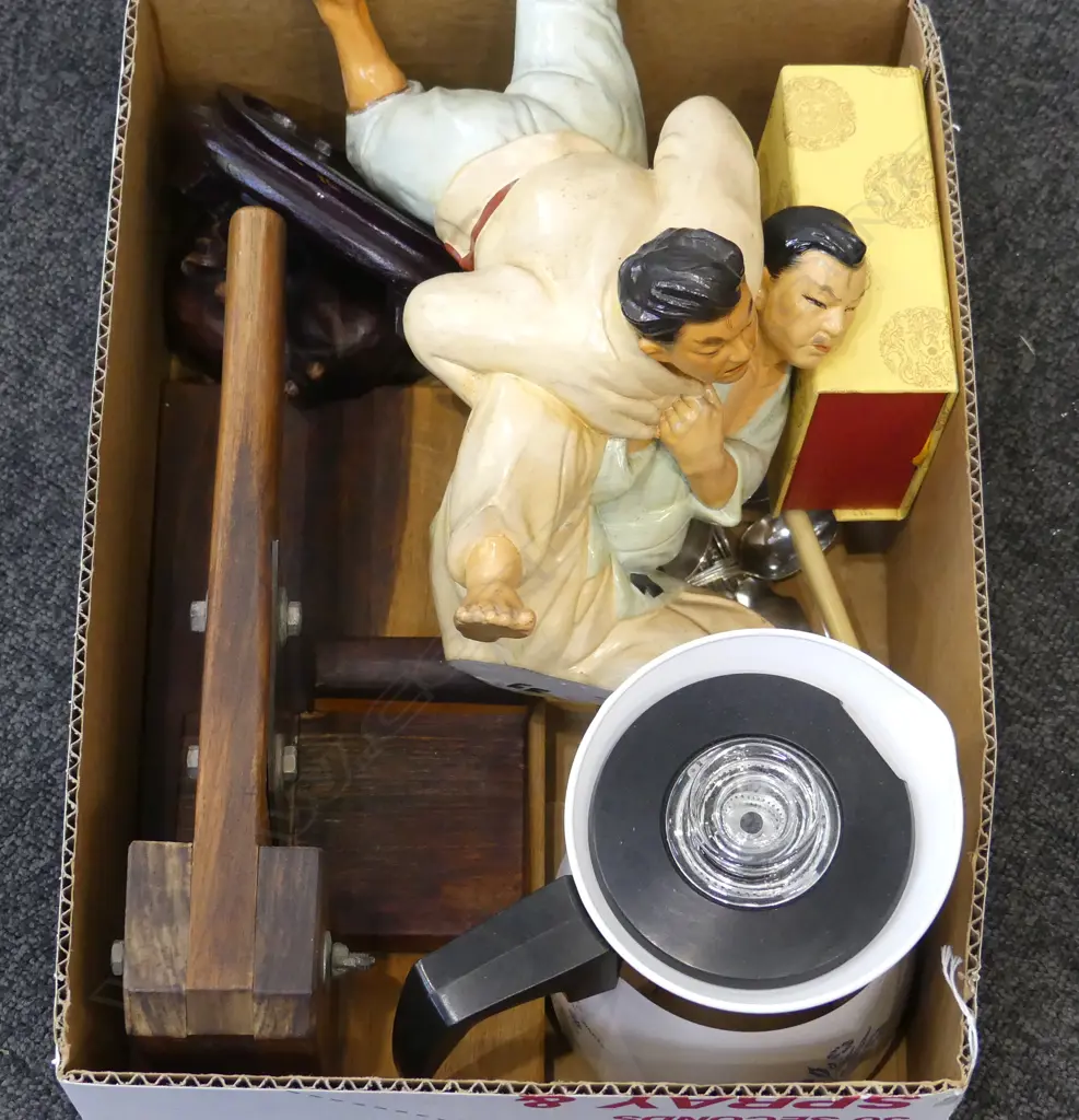 JAPANESE WRESTLING FIGURINE, WOODEN CHOPPER, KETTLE ETC Image 1++