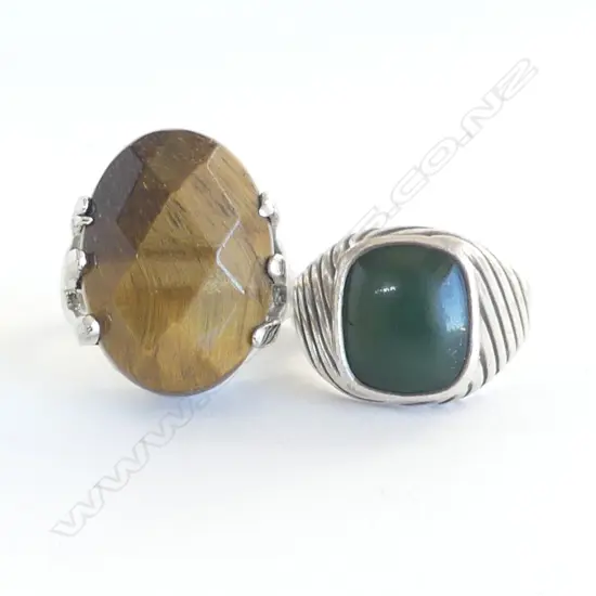 2 RINGS; STG & GREENSTONE SIZE V, TIGERS EYE SIZE U
