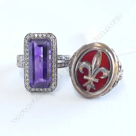 2 925 SILVER RINGS; AMYTHEST & CZ & FLEUR DE LIS SIZE N 1/2