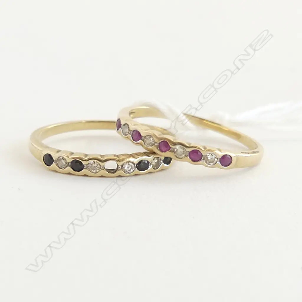 2 9ct YELLOW GOLD RINGS 1 ruby & diamond the other sapphire & diamond missing 1 sapphire 2.28gms SIZE O Image 1++