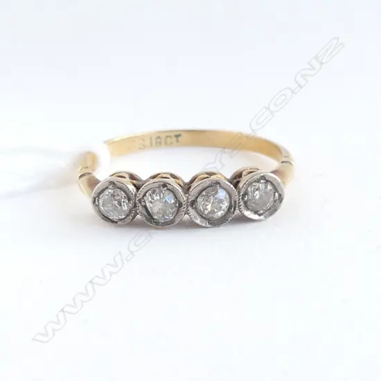 EARLY 20TH C 18CT GOLD & 4 OLD CUT DIAMOND BRIDGE RING 1.9gms SIZE P FAULTS  TO SOME STONES