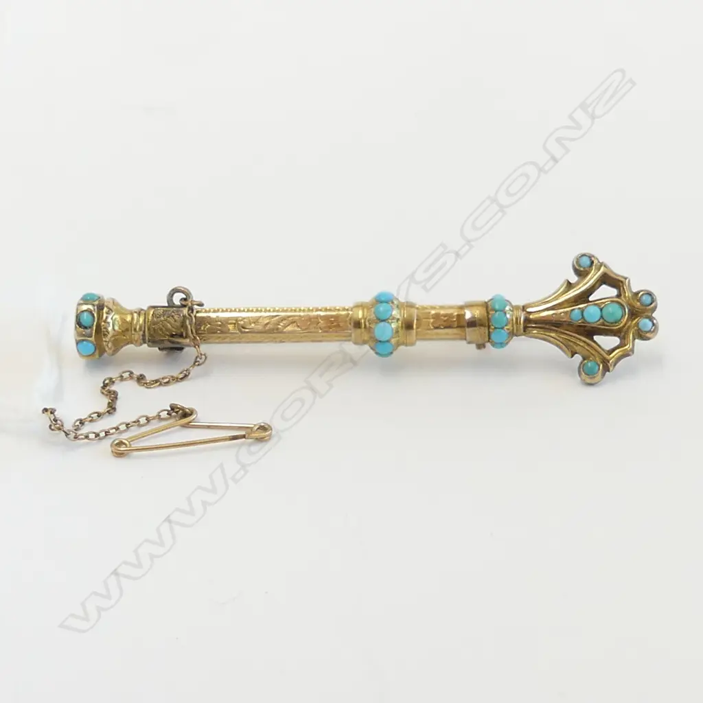 9ct GOLD & GOLD PLATE & TURQUOISE PROPELLING PENCIL BROOCH L.65mm Image 1++