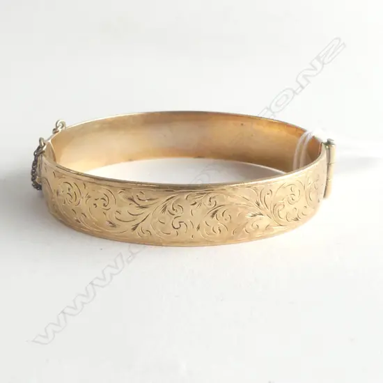 GOLD PLATED ENGRAVED SNAP BANGLE, SMITH & PEPPER CHESTER