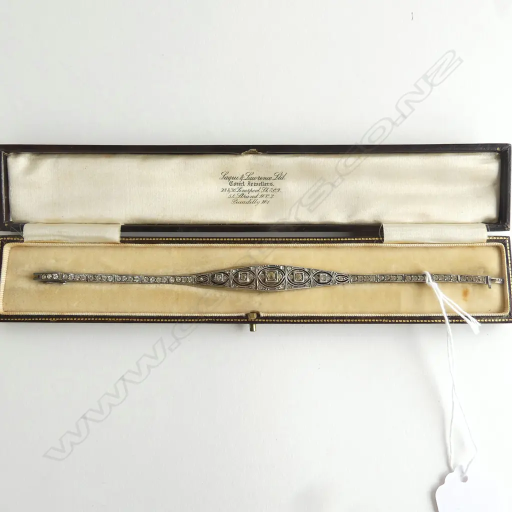 1920/1930's SAQUI & LAWRENCE London SILVER & FAUX DIAMOND BRACELET in original leather box. Image 1++