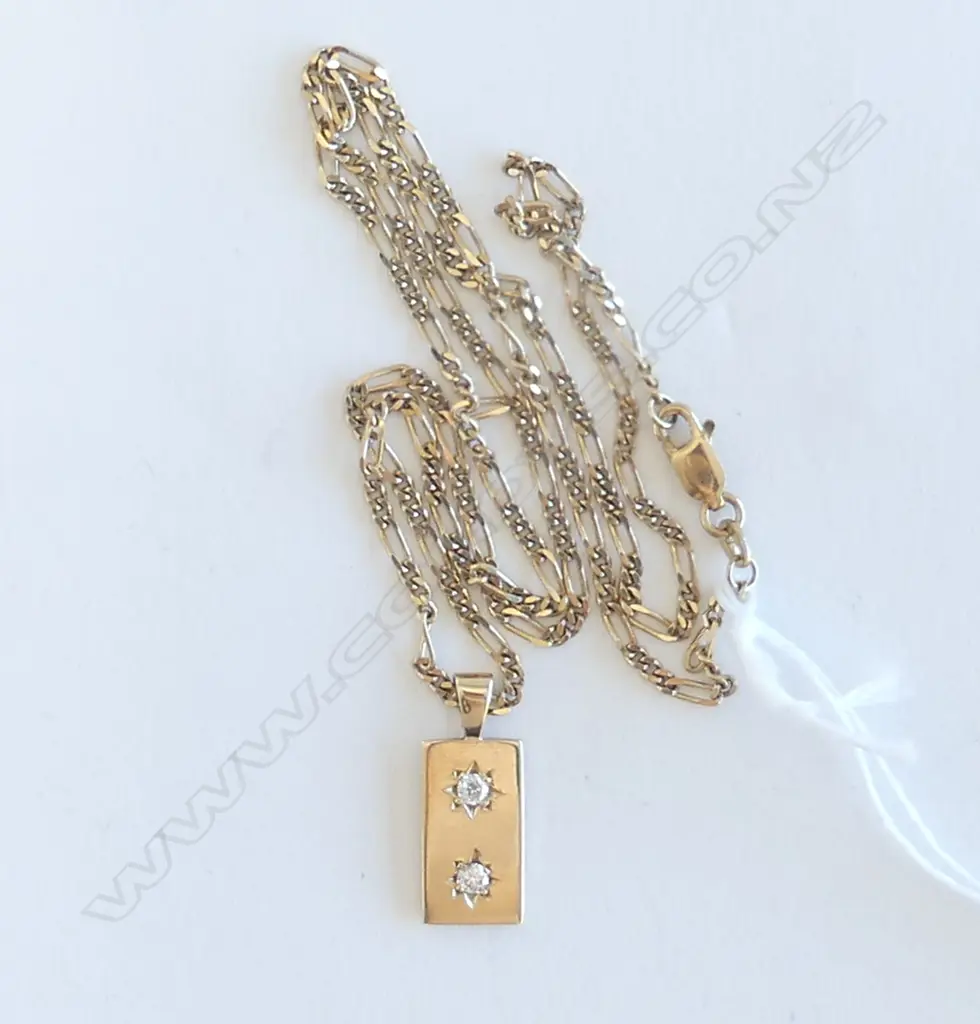 9CT YELLOW GOLD 2 DIAMOND PENDANT ON 9ct CHAIN L.500mm 7.15gms Image 1++