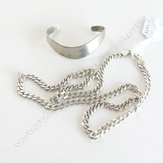 SILVER CHAIN NECKLACE & SILVER MODERNIST CUFF BRACELET