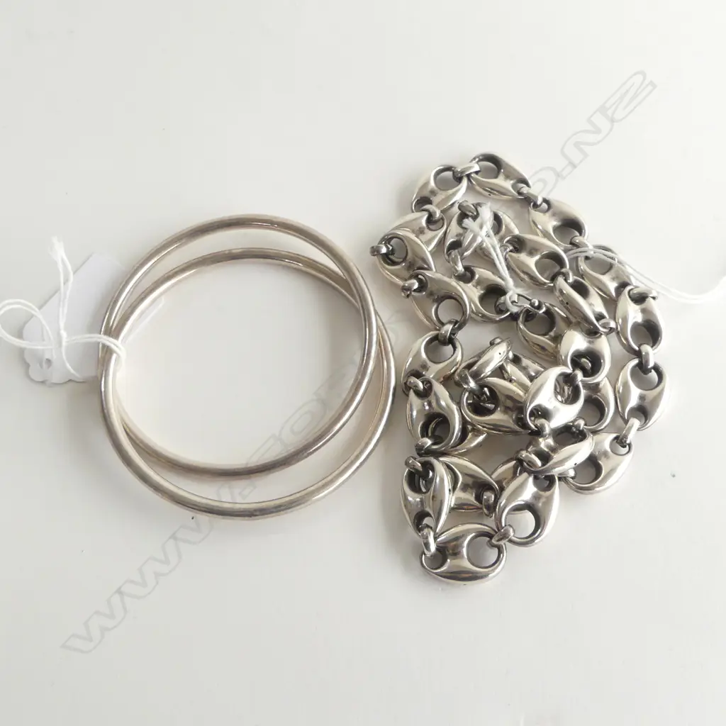 UNMARKED FANCY SILVER LINK CHAIN, 71gms & 2 SILVER? BRACELETS Image 1++