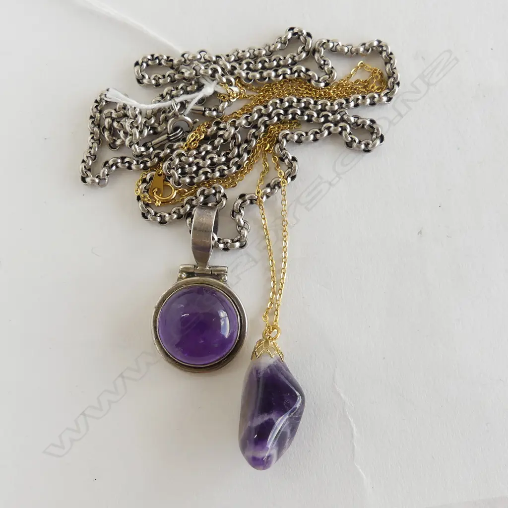 LONG SILVER NECKLACE WITH SILVER AMETHYS PENDANT + OTHER AMETHYST NECKLACE Image 1++