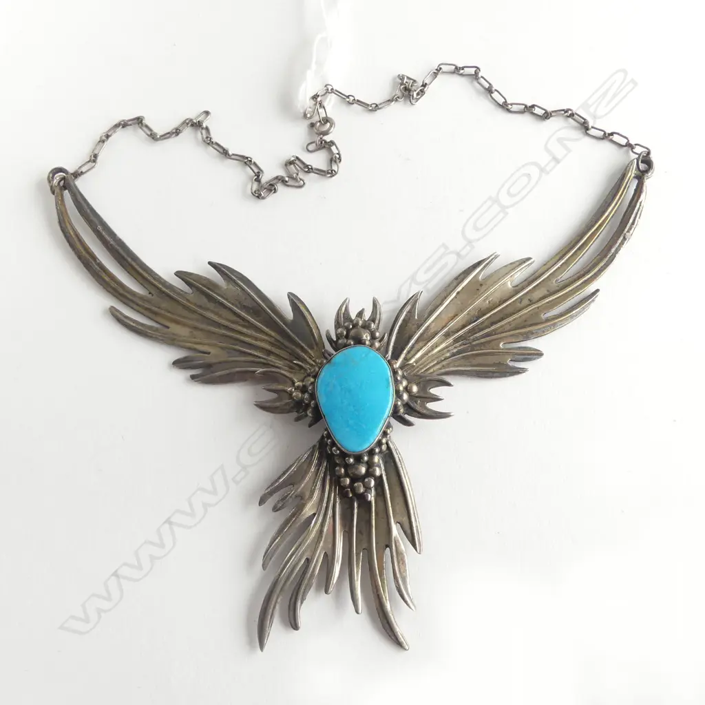 SILVER VINTAGE DESIGNER LGE BIRD FORM PENDANT NECKLACE W TURQUOISE PANEL Image 1++