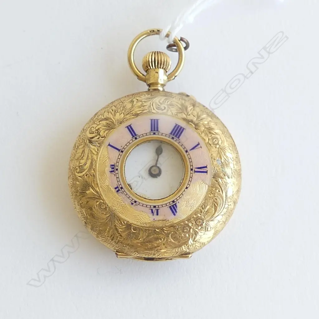 18ct GOLD & faulted ENAMEL HALF HUNTER LADIES FOB WATCH 36gms  apparently running Image 1++