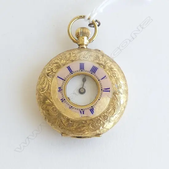 18ct GOLD & faulted ENAMEL HALF HUNTER LADIES FOB WATCH 36gms  apparently running