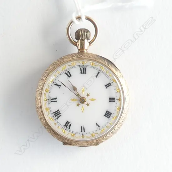 9ct GOLD OPEN FACE LADIES POCKET WATCH 29gms internal cover not gold