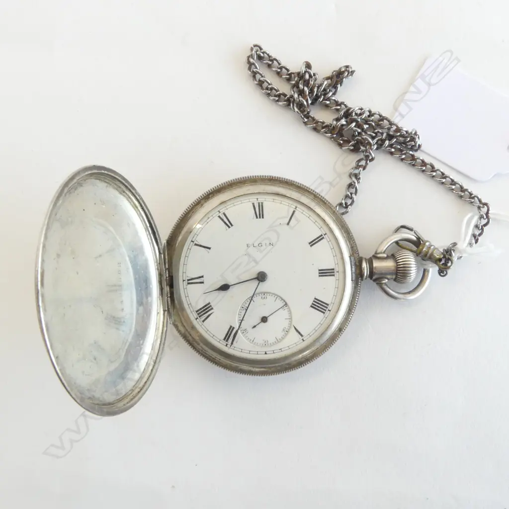 ELGIN SILVER HUNTER POCKET WATCH 107gms Image 1++