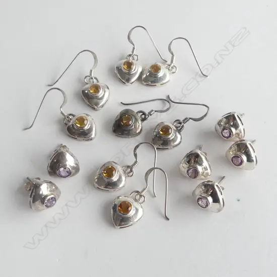 7 PRS CITRINE & AMETHYST SET SILVER EARRINGS, new old stock