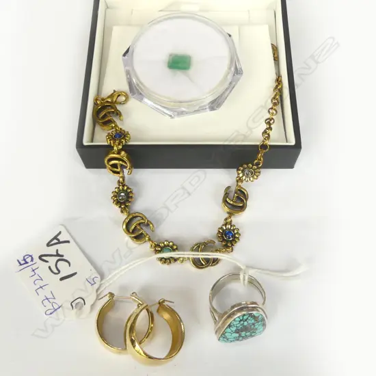 PR GP HOOP EARRINGS, FAUX GUCCI BRACELET, 925 TURQUOISE RING, 2.19ct EMERALD