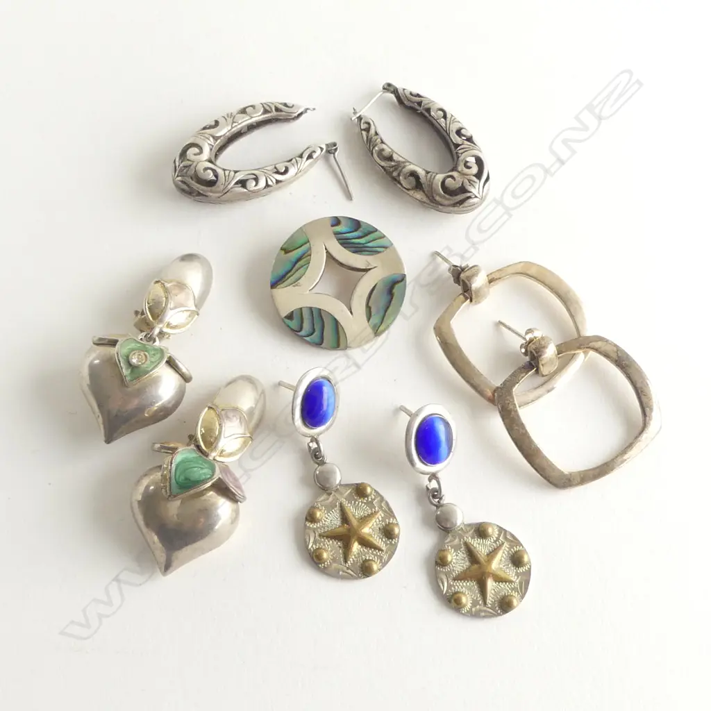 4 pairs SILVER EARRINGS + PAUA & SILVER PENDANT Image 1++