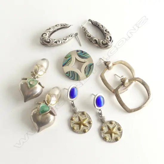 4 pairs SILVER EARRINGS + PAUA & SILVER PENDANT