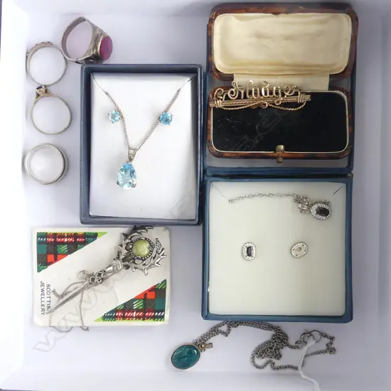 ASST JEWELLERY: MADGE BROOCH gold plate + 4 silver rings (1 misshapen) + silver etc pendants earrings +Scottish brooch..
