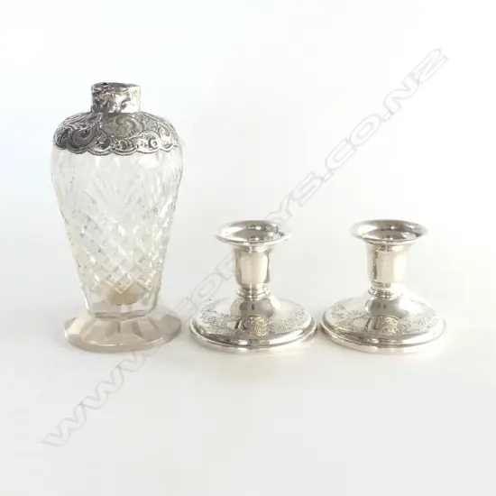 PR SMALL S/SILVER CANDLESTICKS H60MM & SILVER TOPPED DRESSINGTABLE BOTTLE NO STOPPER FAULTS H140MM