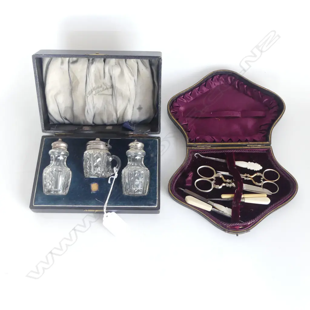MANICURE SET, STG & CRYSTAL 3 PCE CONDIMENT SET, BOTH CASED Image 1++