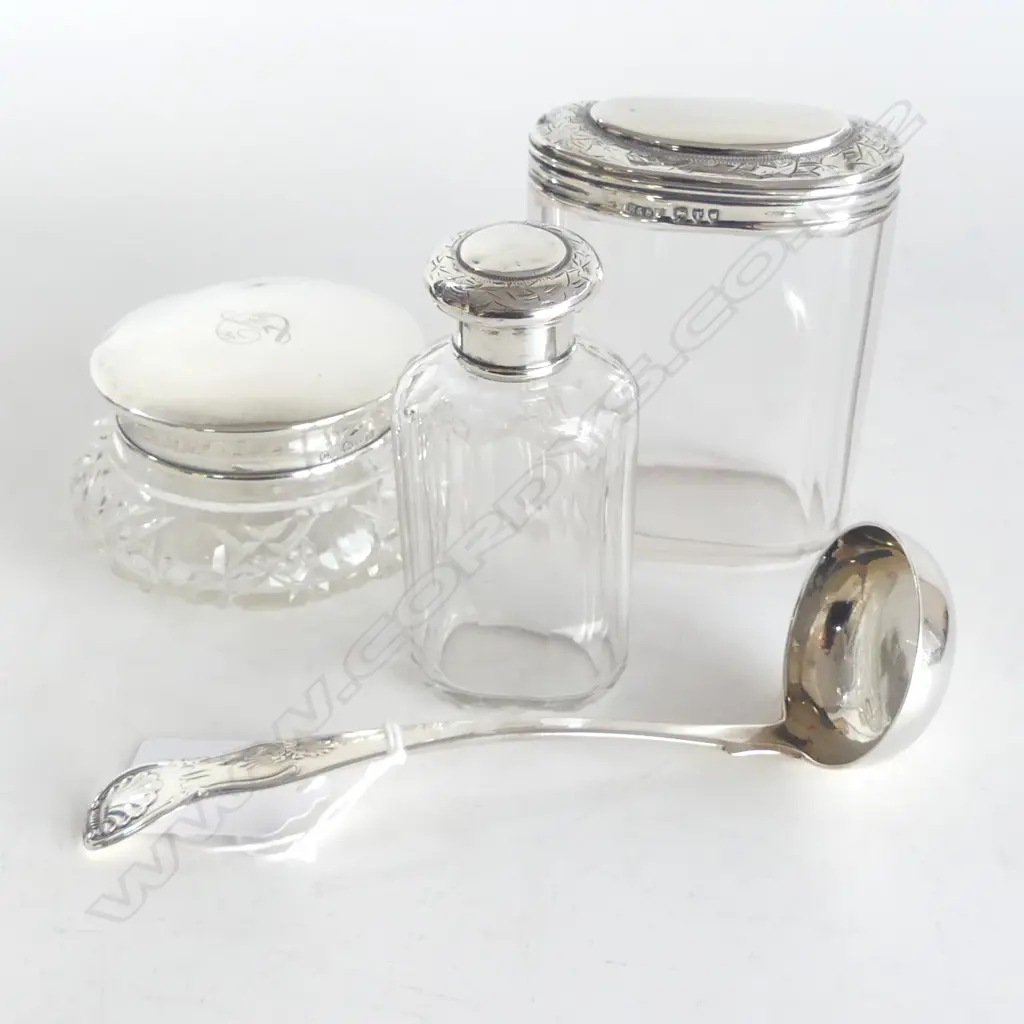4 PCES STG SILVER, LADLE EDINBURGH 1832, 3 LIDDED CRYSTAL CONTAINERS Image 1++