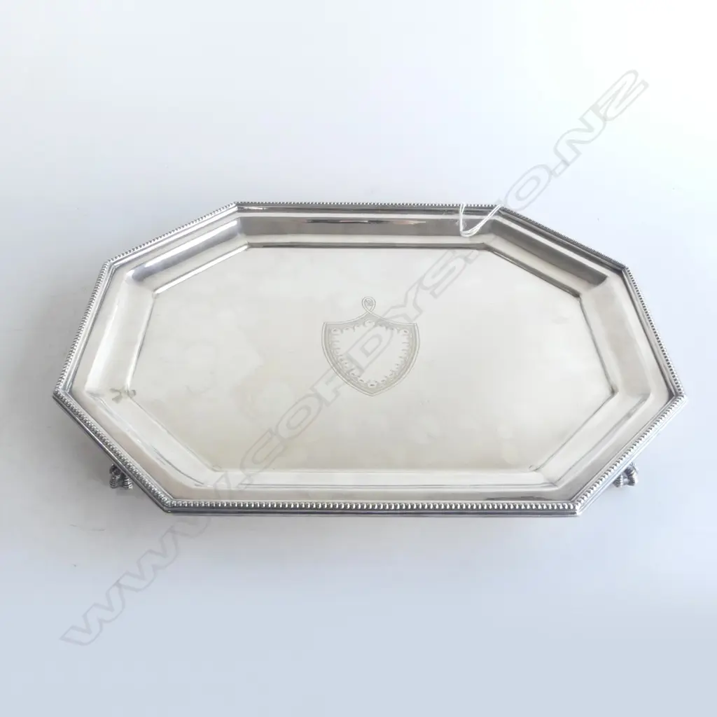 EDWARDIAN Scottish SILVER PLATE ADAMS STYLE SALVER TRAY octagonal w bead edge & claw feet. L.355mm Image 1++