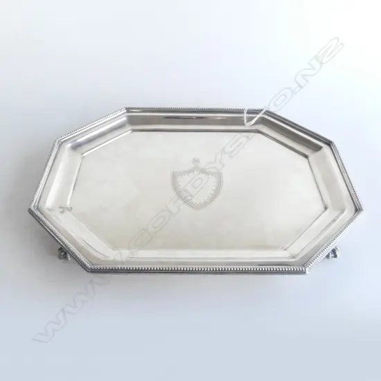 EDWARDIAN Scottish SILVER PLATE ADAMS STYLE SALVER TRAY octagonal w bead edge & claw feet. L.355mm