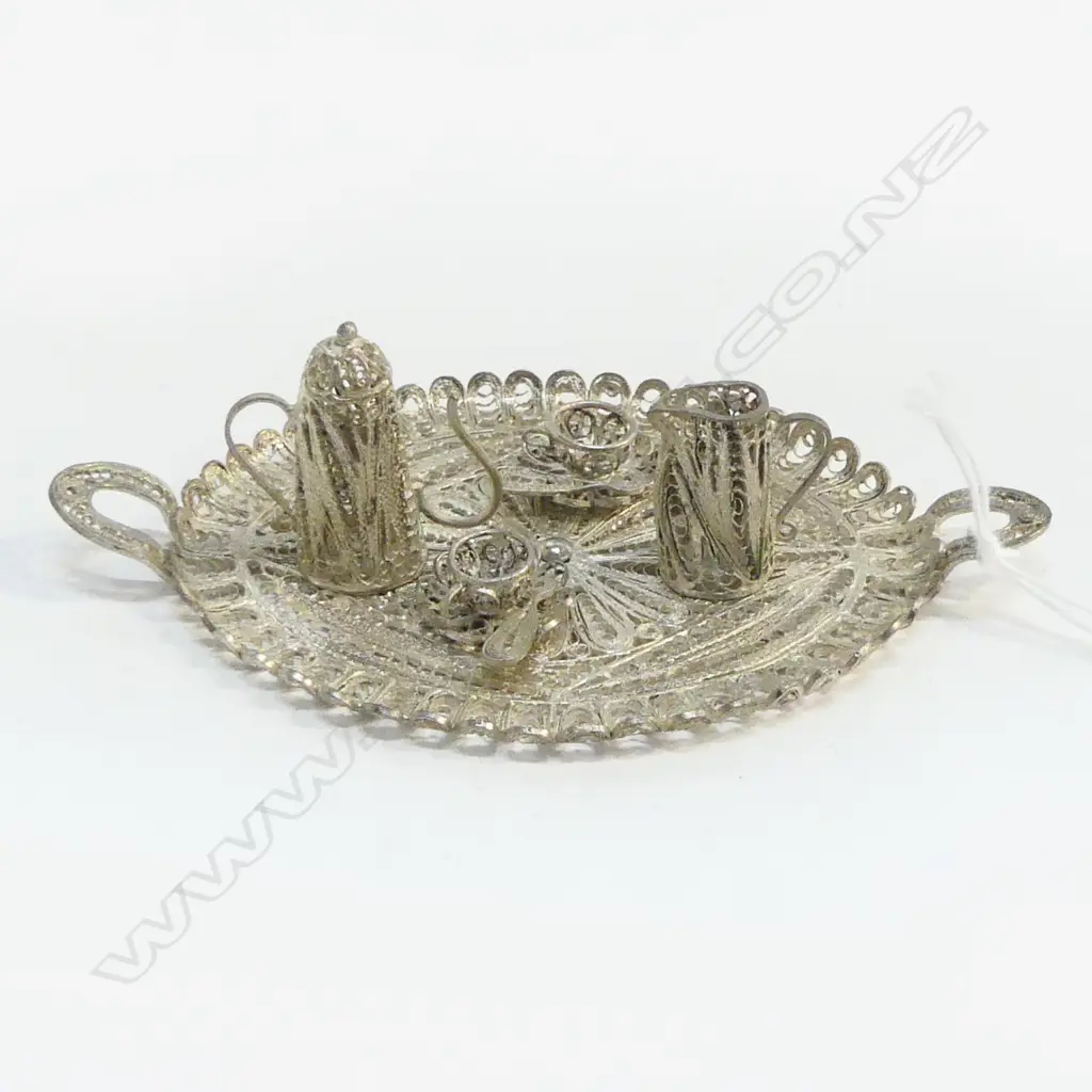 SILVER FILIGREE MINIATURE TEA SET COFFEE POT, JUG, TRAY & 2 CUPS/SAUCERS/SPOONS L.85mm TRAY Image 1++