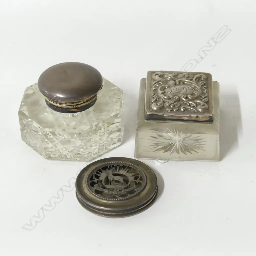3 ASST. ANTIQUE STG CONTAINERS; INKWELL, STAMPS & HYDE PARK HOTEL Image 1++