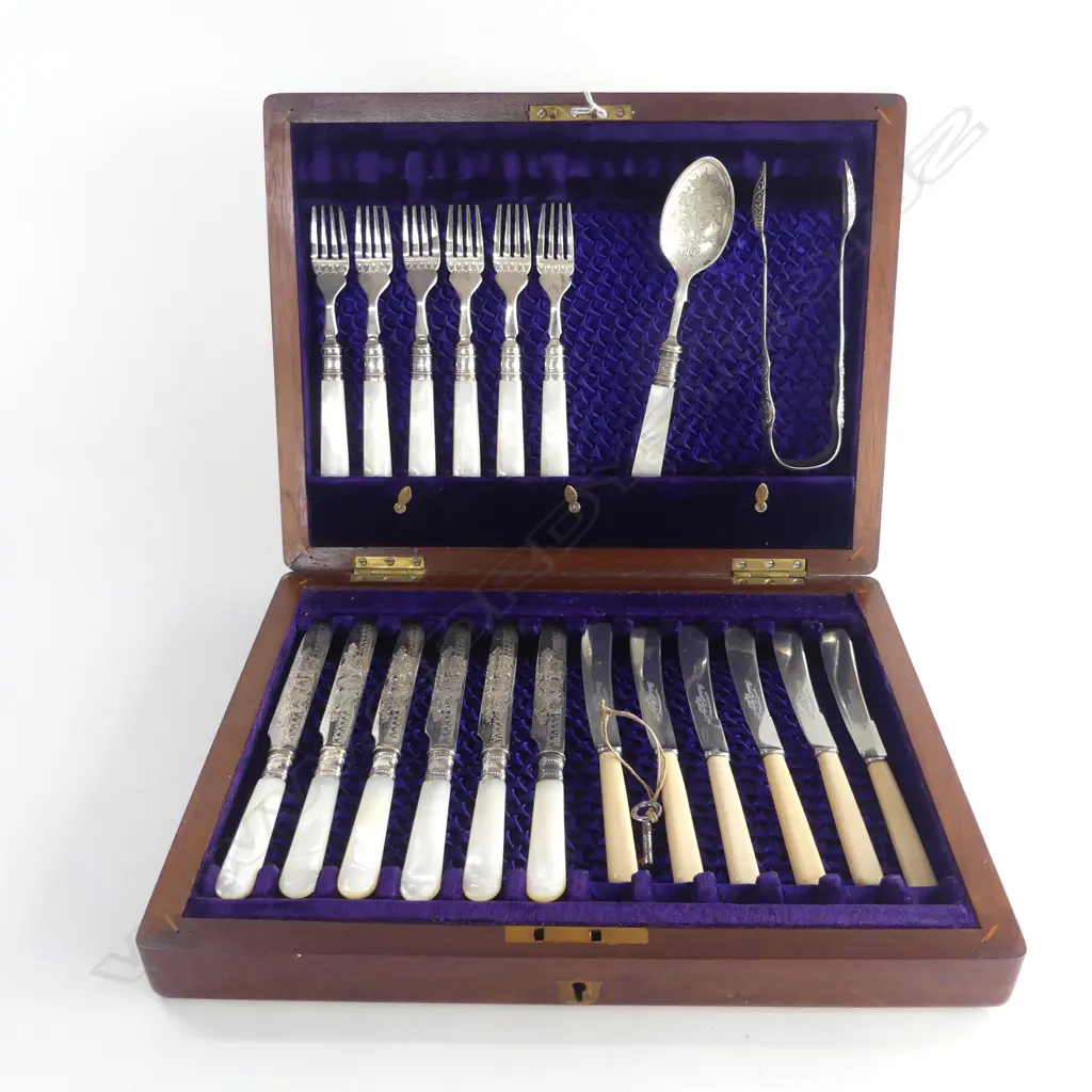 CANTEEN w. 12 PCE MoP HANDLED FRUIT SET, EURO SILVER TONGS 47gms, SPOON & 6 IVORINE KNIVES Image 1++