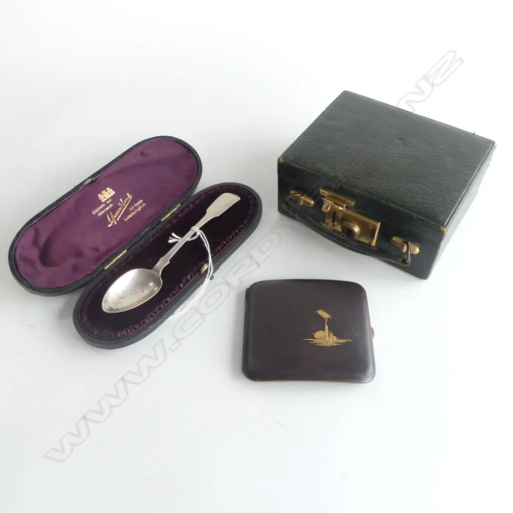 GEORGE IV SILVER CHRISTENING SPOON IN leather case + Japanese gold inlay cig case + leather case hinge slightly faulted Image 1++