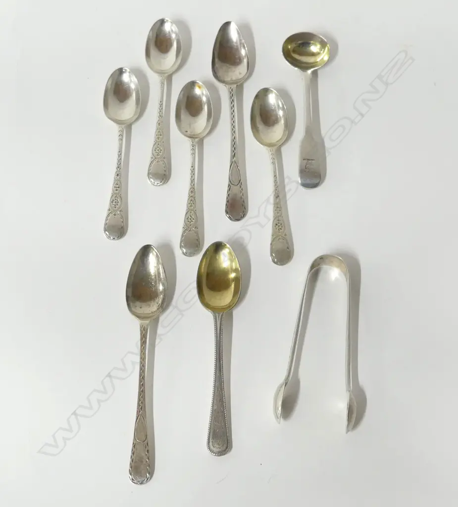 8 ASST. STG SILVER SPOONS + TONGS 136gms Image 1++