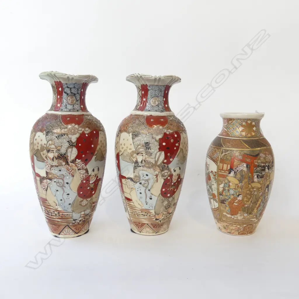 3 SATSUMA VASES; PR H.240mm + ANOTHER of better quality but hairline crack to rim Image 1++