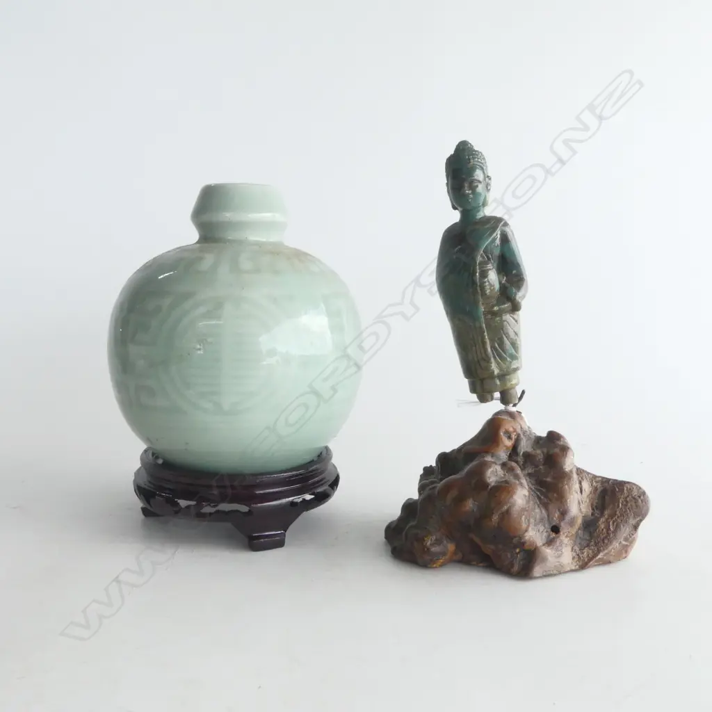 CARVED STONE BUDDHA STATUE (FAULTED) H.170mm + CELADON JAR ON STAND Image 1++