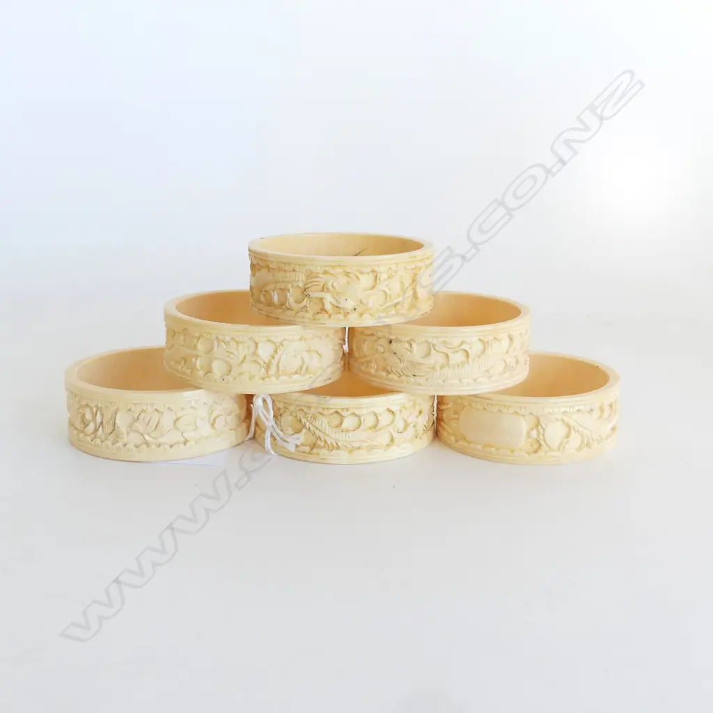 6 LARGE CHINESE IVORY CARVED NAPKIN RINGS DIA55MM Image 1++