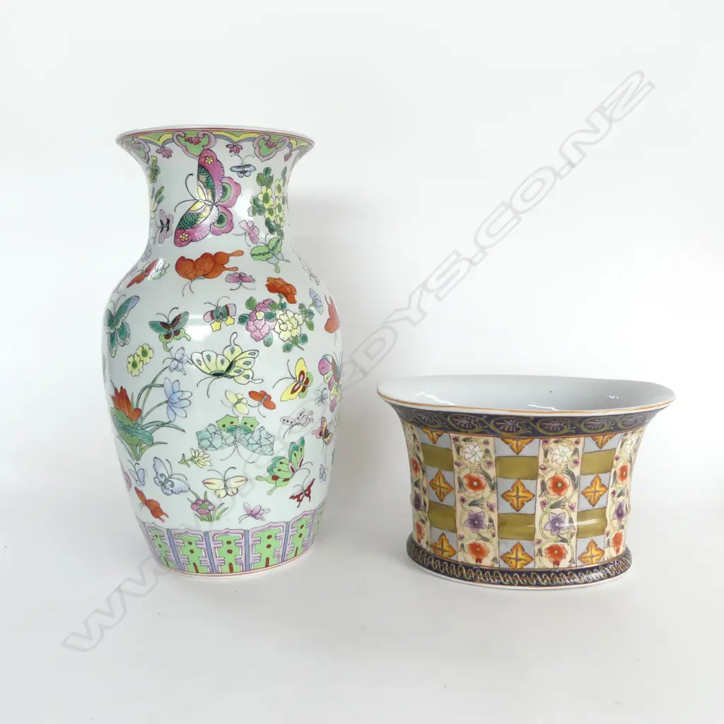 TALL CHINESE FAMILLE ROSE BUTTERFLY VASE H360MM & CHINESE FLORAL TROUGH VASE H150MM Image 1++