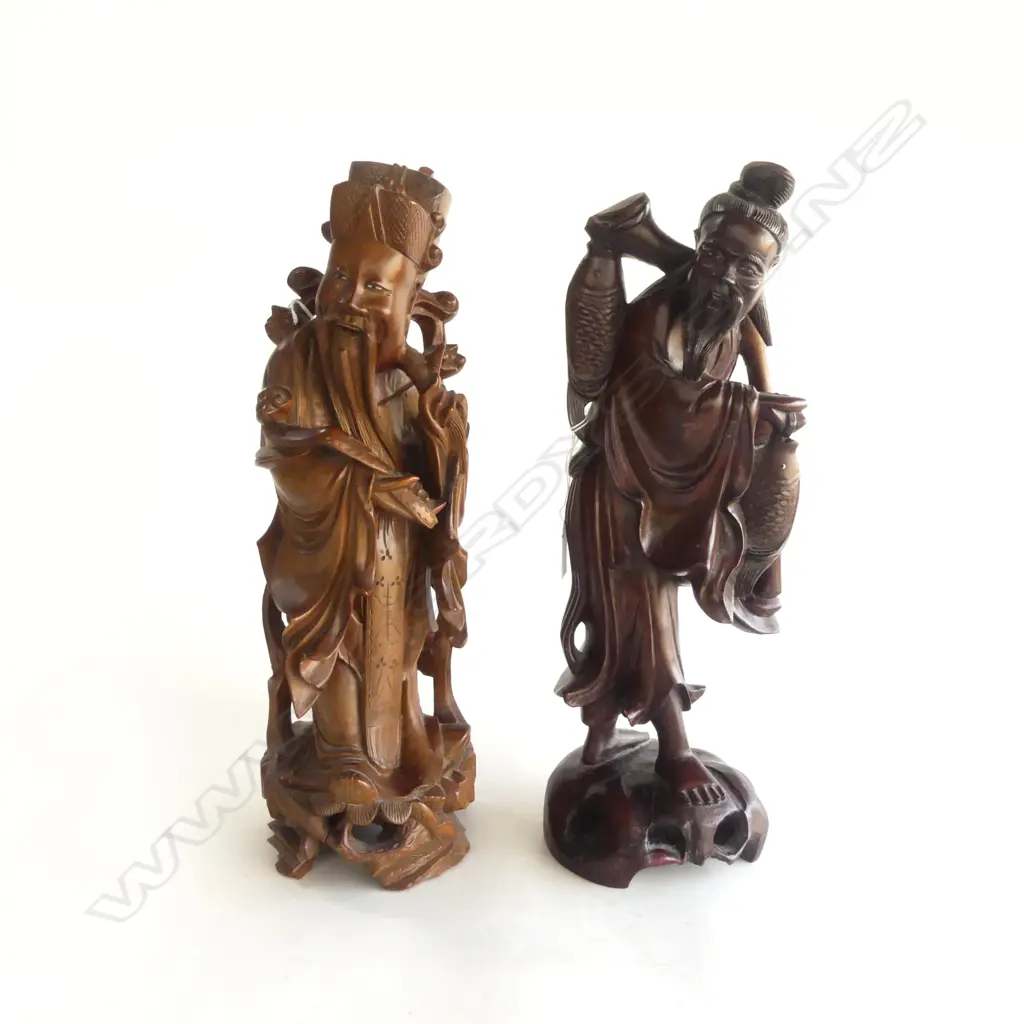 PR TALL CHINESE WOOD CARVINGS, FISHERMAN, H.390mm & SAGE, H.400mm Image 1++